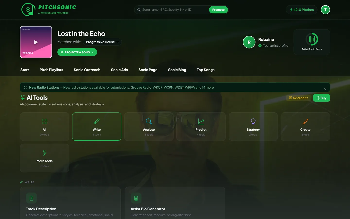 PitchSonic AI Tools suite with email writing, analysis, prediction, and strategy tools