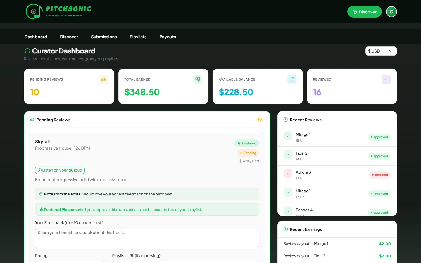 PitchSonic curator dashboard with pending reviews, earnings, and recent feedback